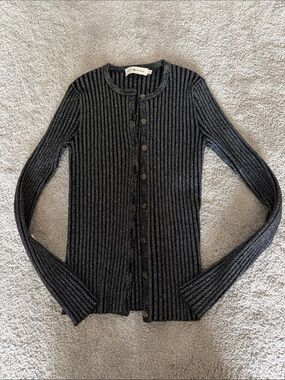 Tory Burch Black Ribbed Button-Up Cardigan